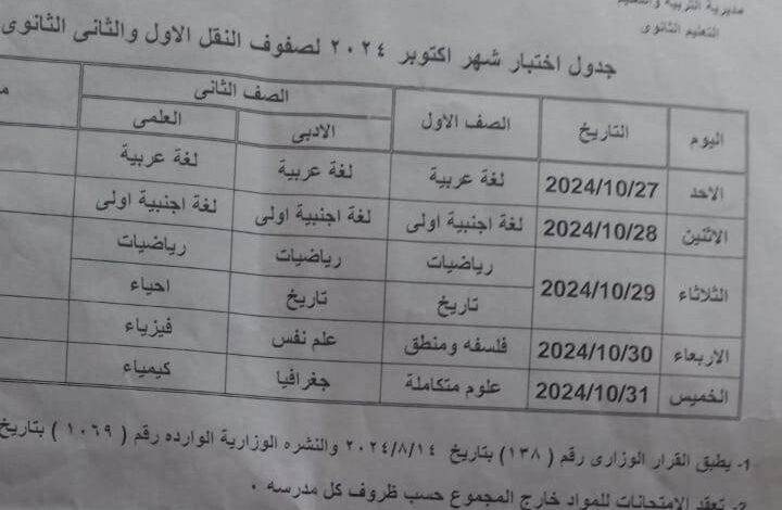 جدول امتحان شهر أكتوبر لطلاب أولى وثانية ثانوى بالجيزة