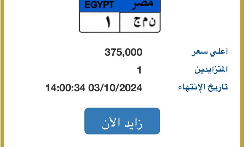 طرح لوحة "ن م ج- 1" المميزة بالمزاد وسعرها يصل 375 ألف جنيه