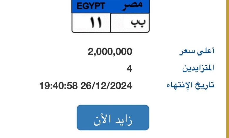 بـ2 مليون جنيه.. 4 أشخاص يتنافسون على لوحة سيارة "ب ب – 11" المميزة