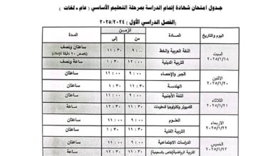 جدول امتحان الفصل الدراسى الأول لطلاب الشهادة الإعدادية فى الجيزة