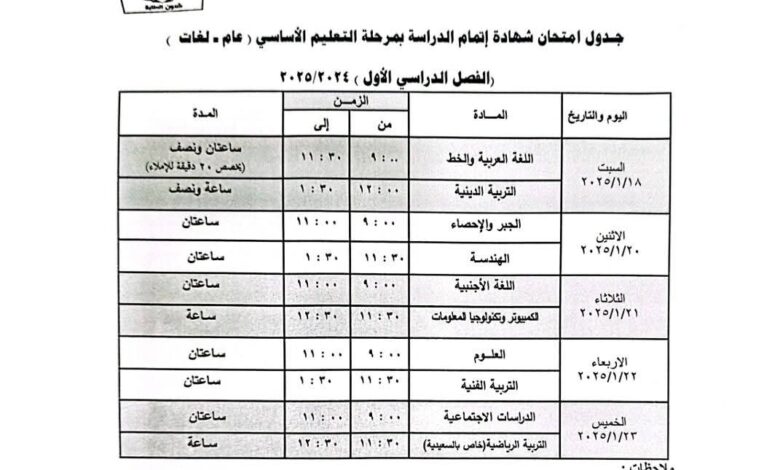 جدول امتحان الفصل الدراسى الأول لطلاب الشهادة الإعدادية فى الجيزة