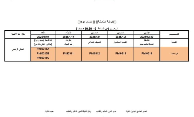 جدول امتحانات الفرقة الثالثة لكلية الآداب جامعة القاهرة انتساب 2024/2025