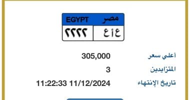 سعر لوحة السيارة المميزة "ع أ ع – 2222" يصل لـ305 آلاف جنيه و3 يزايدون عليها