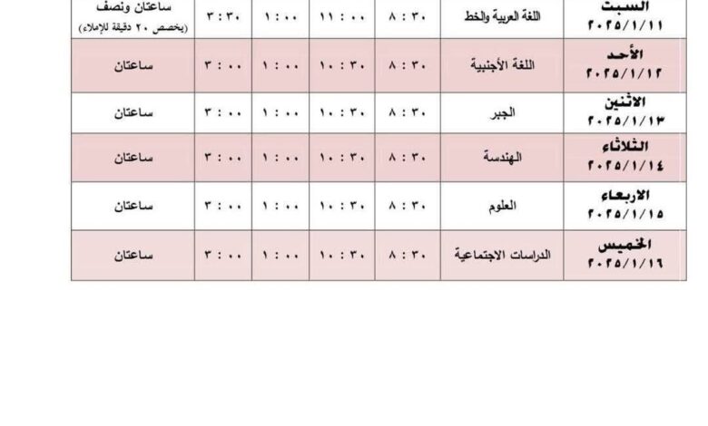 جدول امتحانات الصف الثانى الإعدادى الترم الأول 2025 فى الجيزة