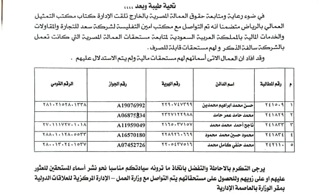 وزارة العمل تكشف عن مستحقات مالية لعمال مصريين لدى شركة سعودية